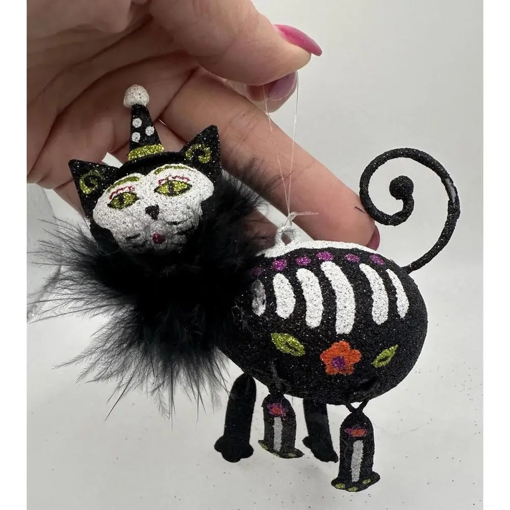 Pier 1 Imports Ornament Glitter Black Cat Skeleton for Halloween Tree Rare 4